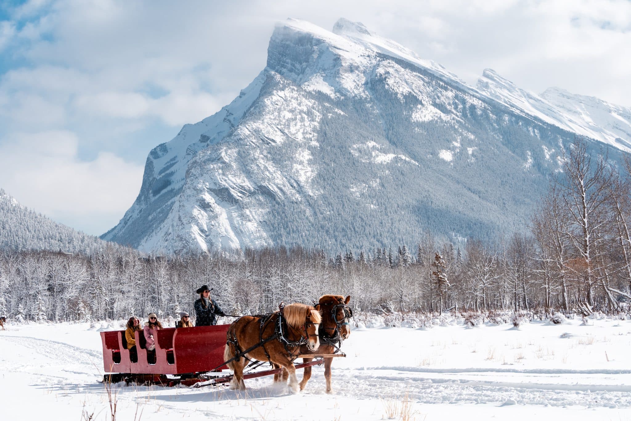 A horse-drawn sleigh crossing a snowy meadow beneath Mount Rundle